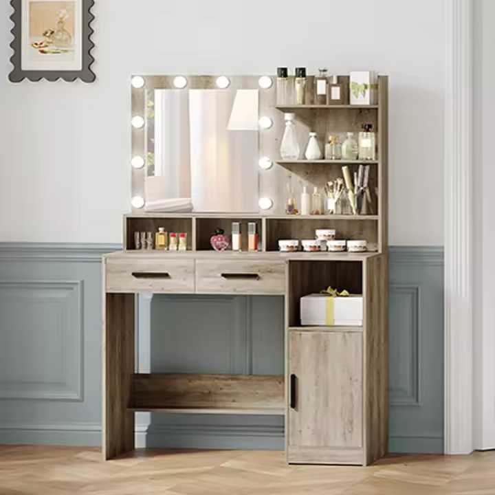 Mesa de Maquillaje con Espejo y LED Regulables Diseño de Cajón y Armario Blanco DT32503X - 1