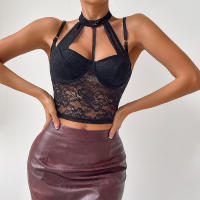 Encaje sexy top de chicas calientes con aros de acero cuerpo forma corsé cuello colgante tirantes chaleco exterior - details 0