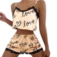 2 unids/set traje de pijama para mujer lindo cuello en V encaje amor corazón impreso tirantes Tops pantalones cortos camisón ropa de dormir conjunto de ropa de casa - details 1