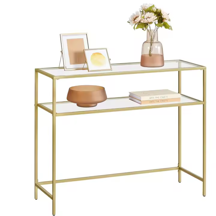 Mesa de Consola de Vidrio Templado Dorado Mesa de Entrada Ajustable con Marco de Metal para Sala de Estar - 1