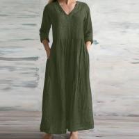 Vestidos sueltos de algodón de lino, novedad de primavera y otoño de 2024, vestido informal de media manga larga con cuello en V, vestido de estilo sencillo para mujer - details 5