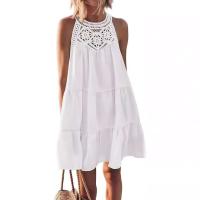 Minifalda de playa de verano para mujer, vestido bohemio blanco Ence Calado, cuello camisola sin mangas, vestido plisado liso vintage - details 0