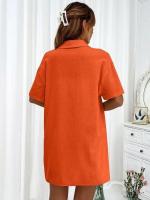 Conjunto de camisa de dos piezas de color sólido con pantalones cortos de moda para mujer, informal, suelto, manga corta, una sola fila - details 11