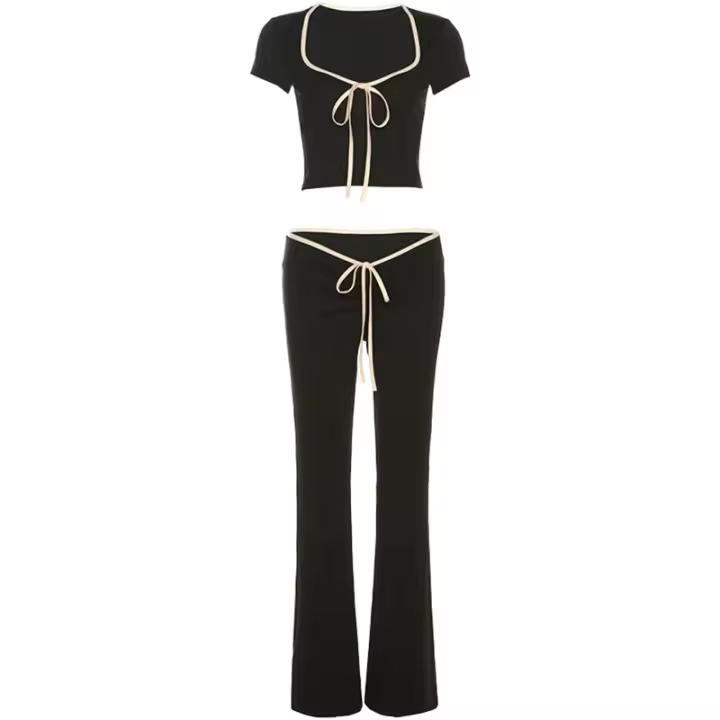 BUNO-Conjunto de ropa de calle para mujer, Top corto con cuello cuadrado y cordones, pantalón acampanado básico de cintura baja, traje elegante de dos piezas Delgado - 1