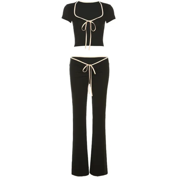 BUNO-Conjunto de ropa de calle para mujer, Top corto con cuello cuadrado y cordones, pantalón acampanado básico de cintura baja, traje elegante de dos piezas Delgado - 1