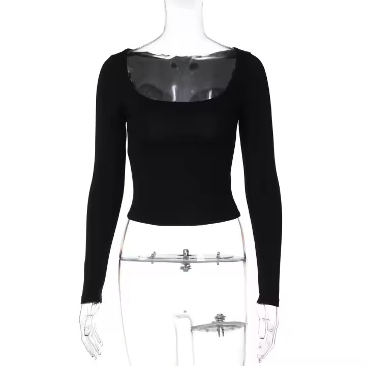 Ropa de mujer europea y americana American Spice Girls estilo 2024 otoño nuevo color sólido cuello cuadrado manga larga ajustado dentro con camisa de fondo top - 1