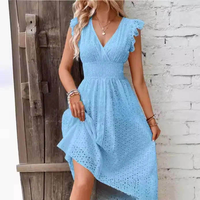 Vestido de playa con cuello en V para mujer, vestido de verano con manga acampanada, color sólido, cintura hueca de encaje, vestidos informales para vacaciones en la playa - 1