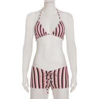 Conjunto de dos piezas de bikini a rayas sexy estilo vacacional americano Lianlianbuwang, top halter y shorts para chica atractiva - details 22