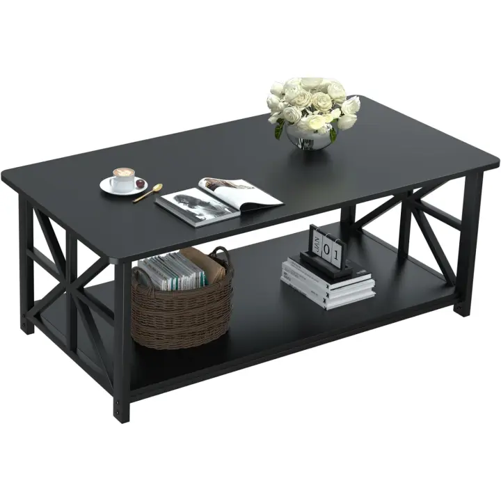 Mesa de Centro con 2 Estantes, Mesa de Café con Redonda de 100cm, Tablero de Estilo Moderno en Macro para el Salón,Negro - 1