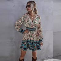 Vestido con Ribbers Estampado Bohemio para Mujer, Vestido Vintage Elegante y Bonito de Manga Larga - details 1