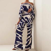 Conjunto de dos piezas para mujer, top y pantalón estampados, azul marino, blanco, mangas murciélago, pantalón de pernera ancha entallado, conjunto de moda a rayas - details 0