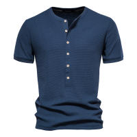 Camiseta de manga corta de punto con cuello Henry, camiseta informal de cuello redondo de color sólido para hombre, camiseta de gofre de talla europea - details 2