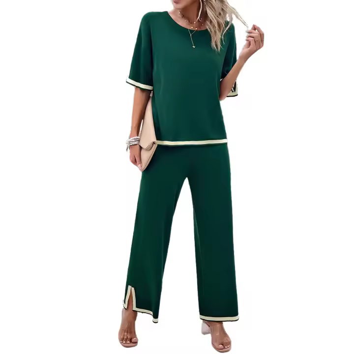 Conjuntos de punto de verano para mujer, trajes de 2 piezas, Tops de manga corta con pantalones, Verde S - 1