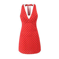Vestido de verano de una pieza para mujer, minivestido coreano de lunares rojos con cuello halter, ropa sin espalda, 2024 - details 15