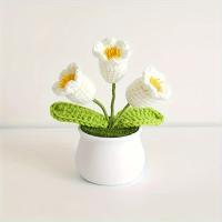 Boutique hecho a mano tejido de 3 cabezas de lirio de los valles decoración del hogar en maceta, lavabo de cinturón tejido con gancho de flor de simulación tejido - details 1