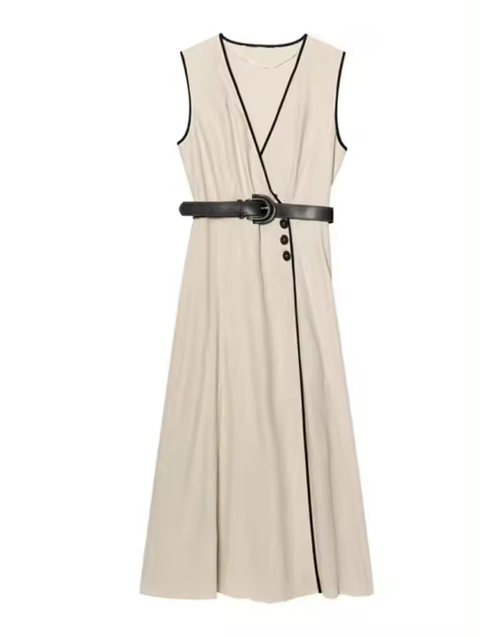 Elegante Vestido Midi de Moda Y2K con Cinturón Vestido Sin Mangas para Mujer - 1