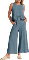 Conjunto casual de verano para mujer, top sin mangas plisado y pantalones cortos de pierna ancha - details 28