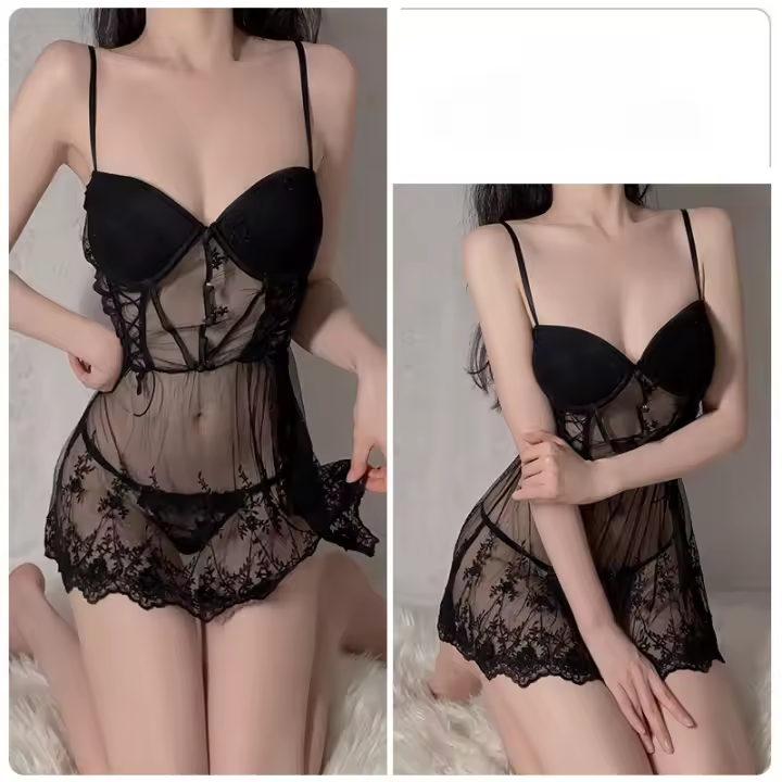 Ropa interior sexual sexy profunda V más almohadilla para el pecho anillo de acero perspectiva de reunión malla encaje camisón de tirantes para mujer - 1