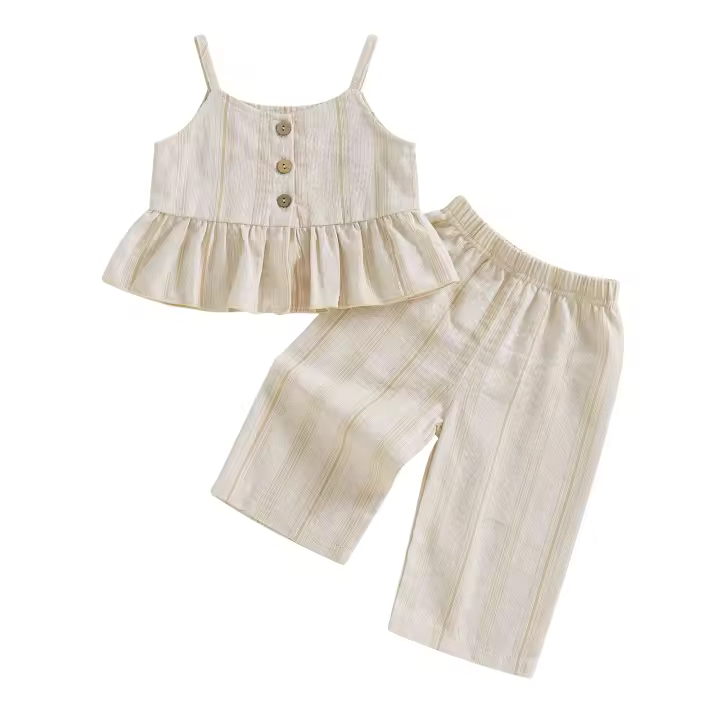 Conjunto de Verano para Niña Pequeña Camisetas de Lino y Algodón con Volantes y Botones Frontales con Estampado de Rayas y Pantalones - 1