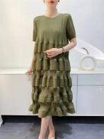 Miyake-vestido plisado para mujer, nuevo diseño de moda, Color sólido, holgado, talla grande, cintura alta, falda empalmada con pastel, primavera 2024 - details 4