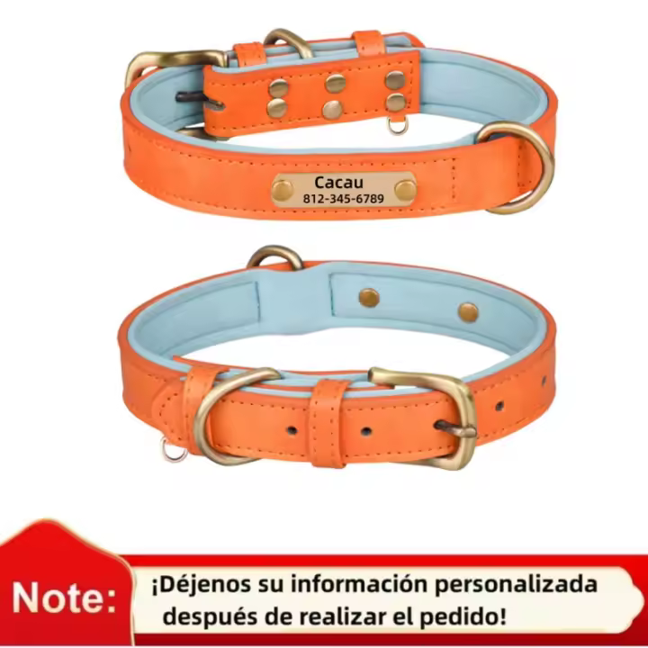 Collar de cuero personalizado para perros pequeños, medianos y grandes, placa de identificación, acolchado suave, nombre grabado gratis, ajustable - 1