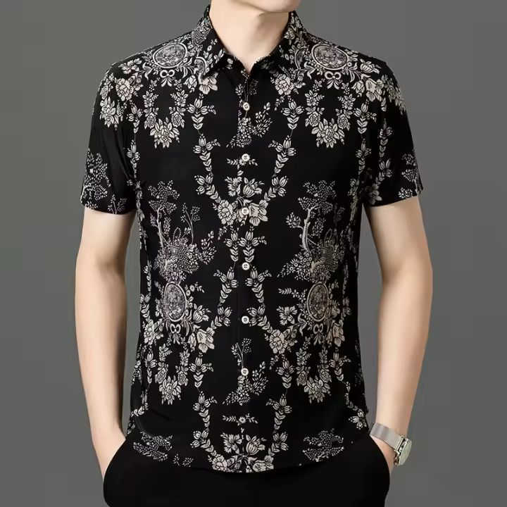 Camisa de Seda de Hielo Suelta para Hombres Moda de Verano, Resistente a Arrugas, Sin Hierro - 1
