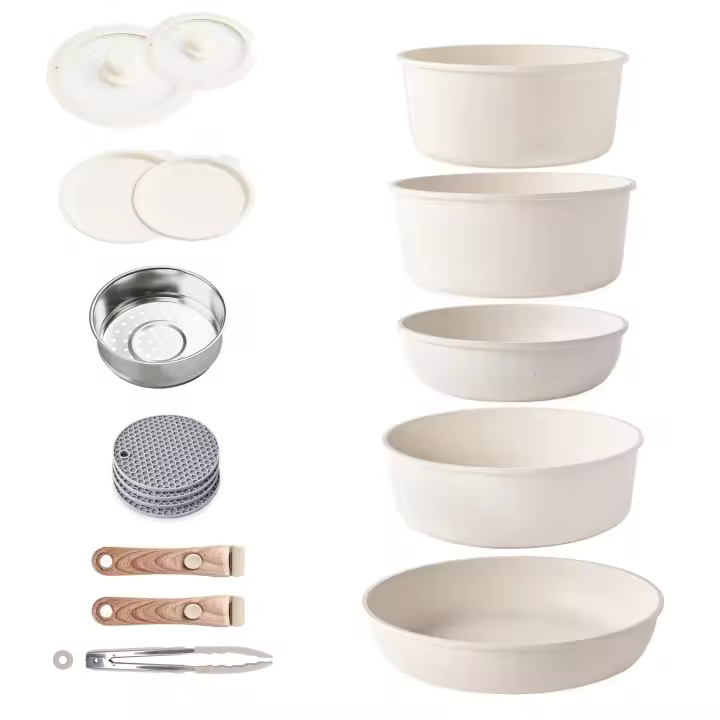 RIOVARM Inducción Juego de ollas y sartenes con asas Desmontables, Apilable Antiadherente Granito Sartenes y ollas con Tapas, Ahorro de espacio, Juegos de sartenes, Sin PFOA, Sartén - 1