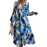 "Vestido Largo Bohemio Mujer 2025- Escote V Estampado Floral, Talle Alto, Mangas Largas, Moda Verano Boho Chic, Vestidos Hippies Elegantes para Festivales, Playa o Diario |   Envío Rápido Miravia" - details 1