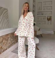 Novedad de verano, conjunto de manga larga 100% algodón con estampado de corazón de amor, pijama con botones para mujer con cuello TRE de 2 piezas, pijamas - details 15