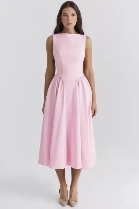 2025 Primavera/Verano nuevo vestido de mujer de cuello redondo sin espalda de Color sólido de alta moda para mujer - 1