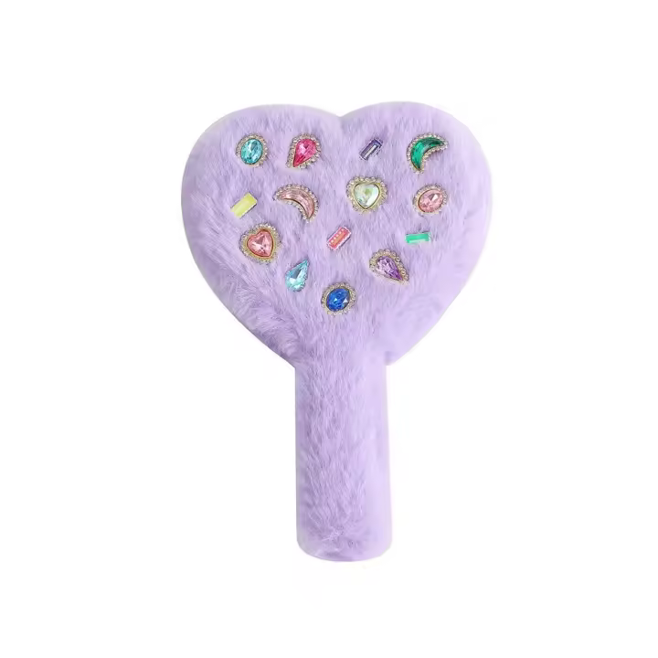 Espejo de mano de amor portátil coreano, espejo de mano compacto bonito, mango de felpa, herramienta de maquillaje en forma de corazón para mujer - 1