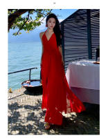 Vestido de vacaciones halter rojo vestido de playa dividido ropa de foto junto al mar falda con tirantes de cuello de hada súper - details 11