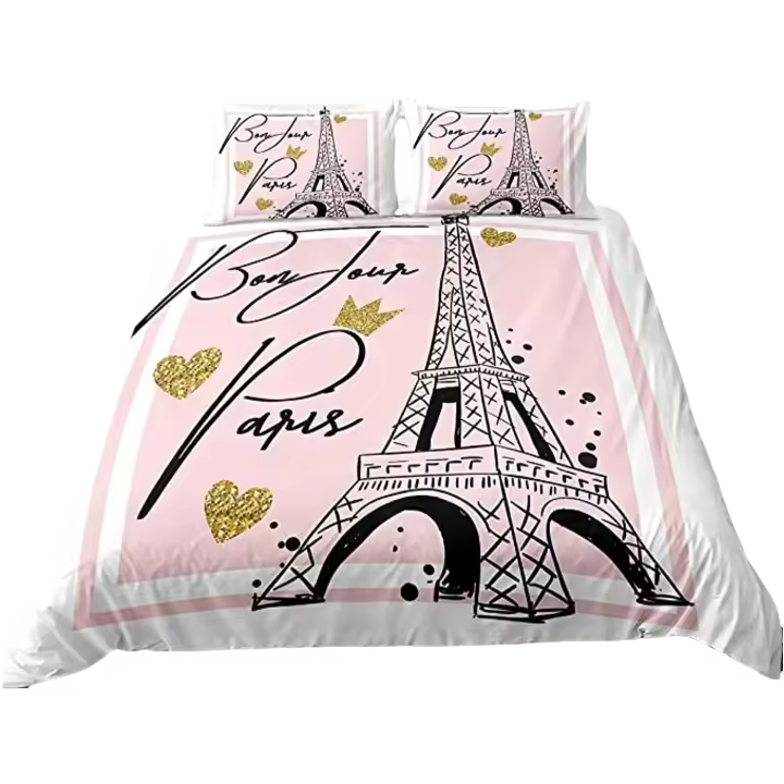 Conjunto de Funda de Edredón Paris Material de Poliéster Diseño a Rayas Blanco y Rosa - 1