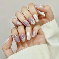 Uñas Postizas Cortas Redondas De Terciopelo Morado Y Blanco Con Diseño 3D De Cisne Para Mujeres Y Niñas Estilo Lady Con Ojos De Gato - details 5