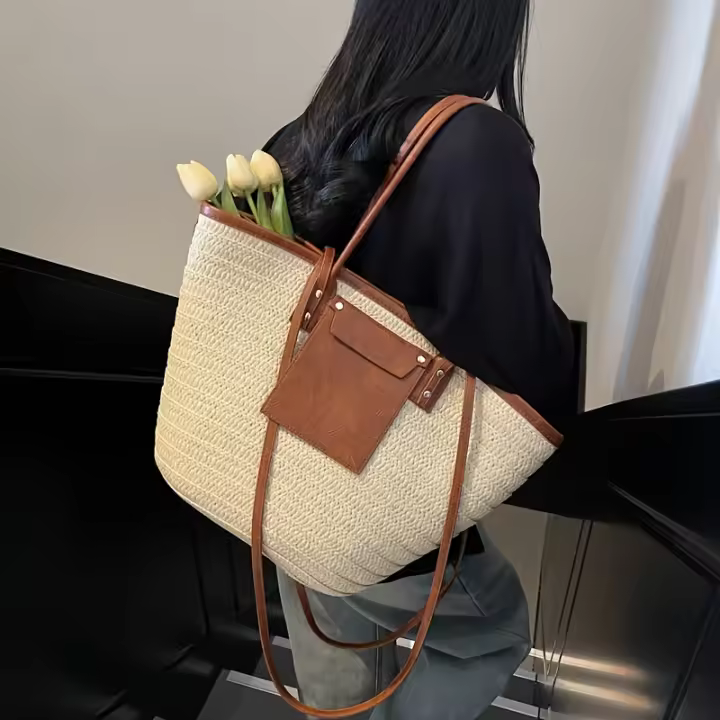 Bolso de Paja Tejido Blanco Gran Capacidad para Mujeres Cesta de Playa para Vacaciones con Correas Fijas - 1