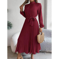 Elegante vestido corto de otoño invierno para mujer, con cuello alto, mangas plisadas y falda larga. - details 34