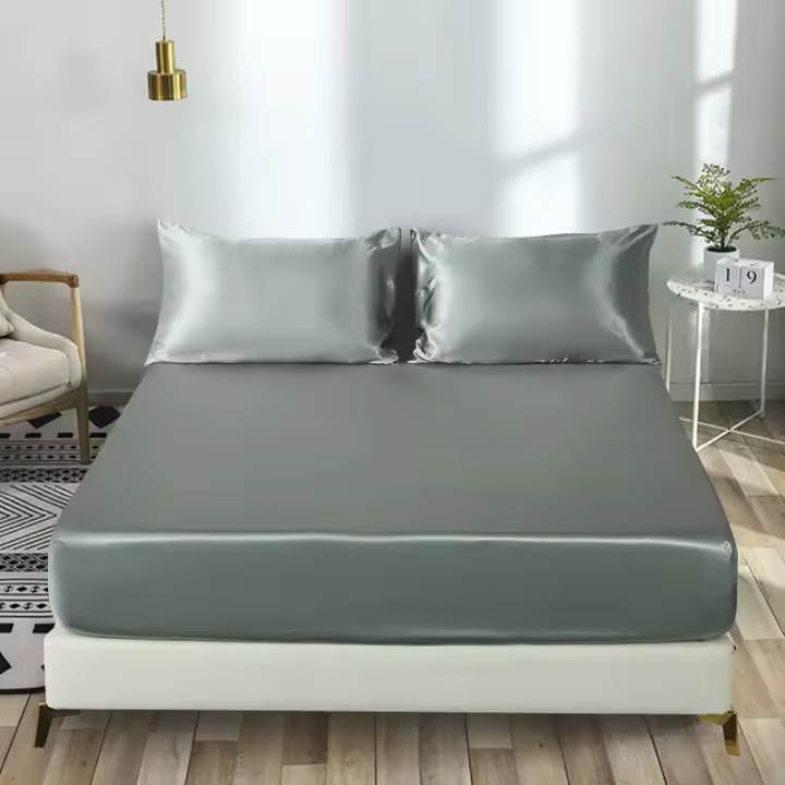 Juego de sábanas bajeras de satén, 3 piezas (1 sábana bajera + 2 fundas de almohada), ropa de cama de color sólido - 1