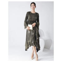 Vestido de otoño e invierno de alta calidad, con mangas acampanadas, falda de longitud media irregular, ajustada, con volantes, - details 3