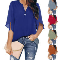 Blusa de verano para mujer, camisa de manga corta con cuello en v, ligera, acampanada, elegante, 3/4 - details 1