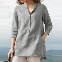 Elegante lino de algodón para mujer, informal con solapas, botones lisos, camisas holgadas de manga 3/4 para otoño e invierno, blusas tipo túnica - details 0