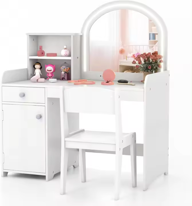 Set de tocador 2 en 1 para niños, tocador infantil con espejo LED y taburete, tocador de madera con cajón y estante, tocador para niñas a partir de 3 años (rosa) - 1