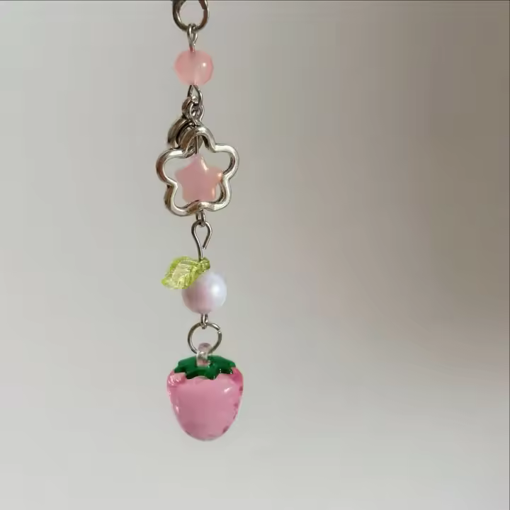 Cordón estético para teléfono Y2K con forma de fresa, colgante de cadena para teléfono con cuentas de frutas transparentes, colgante de correa para teléfono de melocotón para niñas - 1