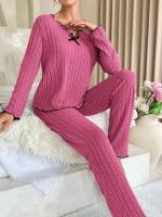 Ropa de dormir ranurada para mujer, ropa de dormir de otoño e invierno, top y pantalones de manga larga, conjunto de 2 piezas, ropa para el hogar, ropa informal - details 3