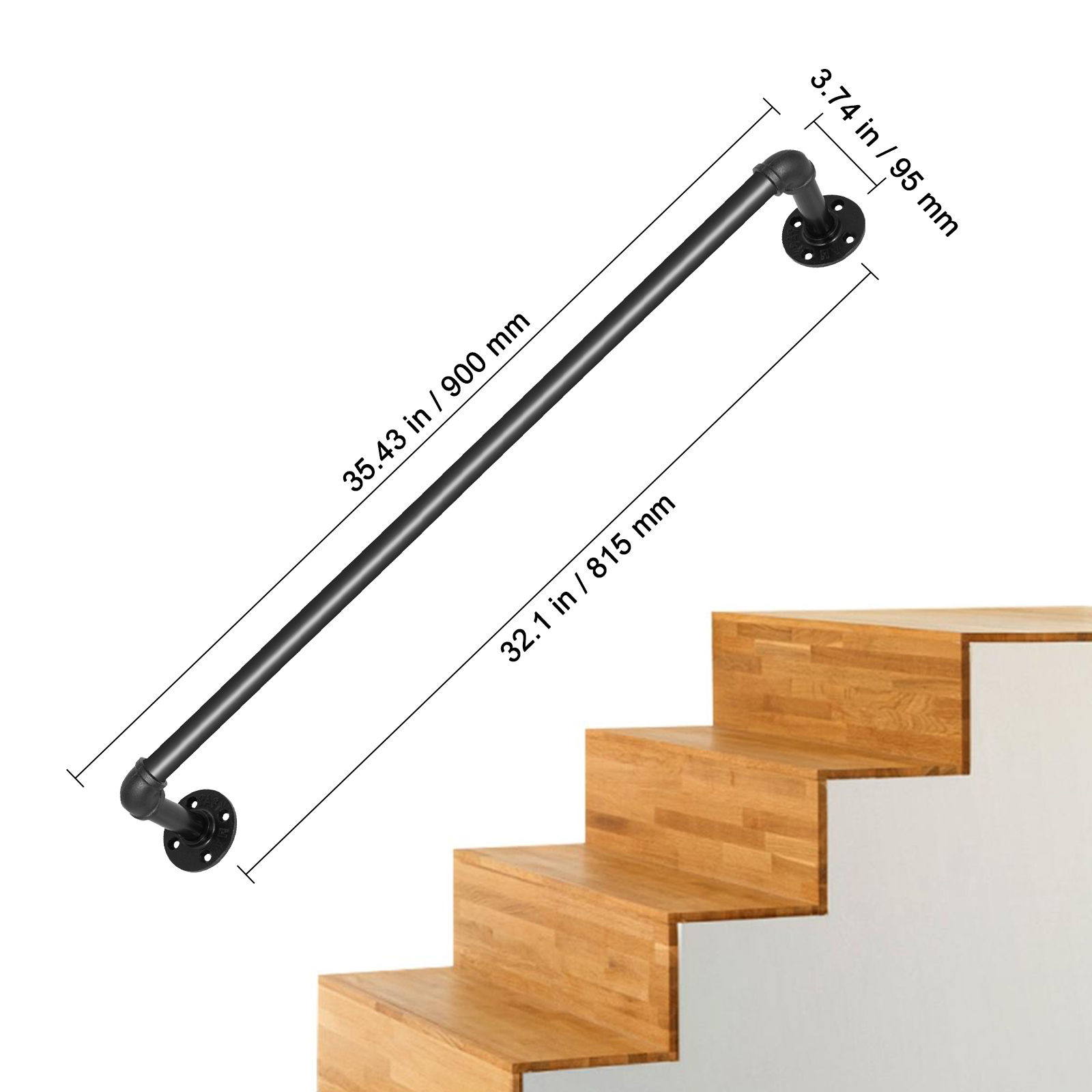 SucceBuy Pasamanos de escalera de tubo, acero al carbono, soporte industrial para montaje en pared, esquina redonda para uso interior y exterior