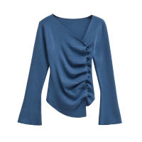 Suéter fruncido asimétrico de manga larga para mujer, Top de punto con botón frontal, prendas de punto elegantes a la moda, azul y marrón, otoño - details 3