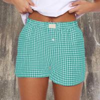 Calzoncillos tipo bóxer a cuadros para mujer, adolescente, cintura elástica, pantalones cortos a cuadros rojos y azules, traje informal para salón, pantalones cortos de verano - details 4