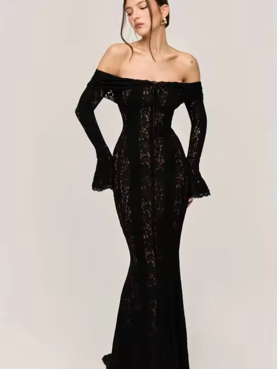 Vestido cremoso Ral con hombros descubiertos, vestido elegante de fiesta con manga larga acampanada y hueco - 1