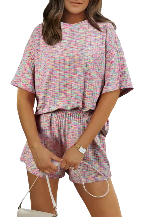 Elrachen Conjunto de camiseta y pantalones cortos de punto acanalado con estampado multicolor para mujer, multicolor, tallas S-XL - 1