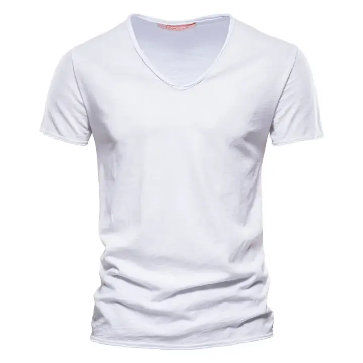 Camiseta 100% de algodón con cuello en V para hombre, camisetas deportivas ajustadas para correr, camisetas sólidas para hombre, camisetas de manga corta de verano para hombre - 1
