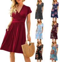 Ropa de mujer europea y americana de manga corta estampado de bolsillo de longitud media vestido - details 0